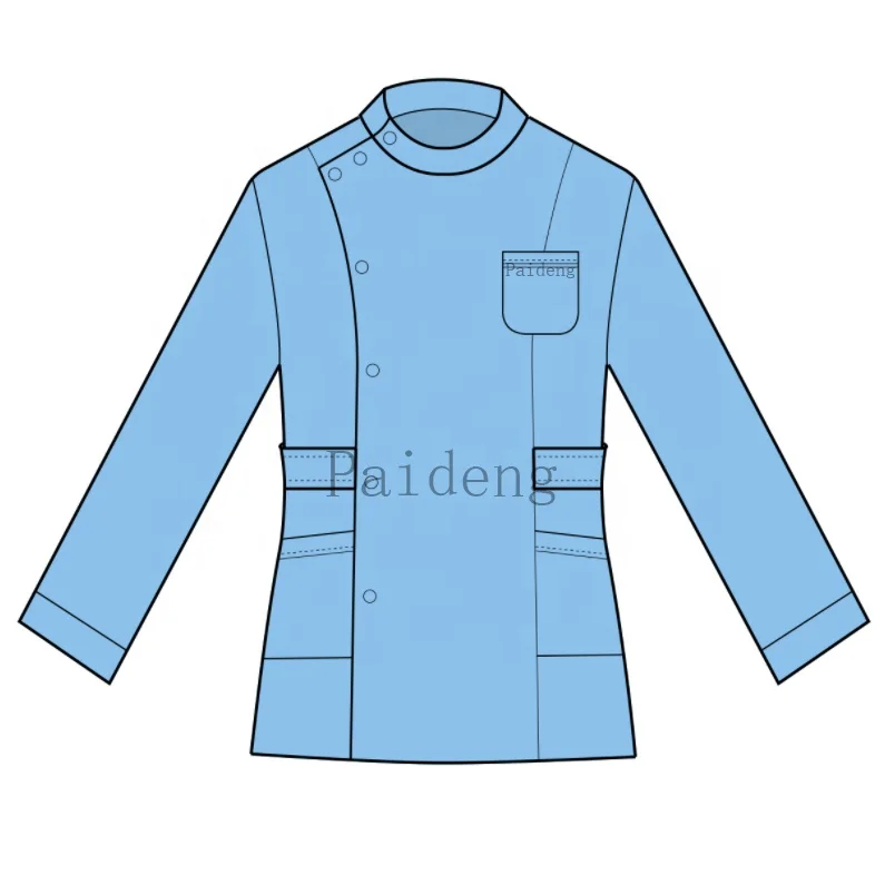 European Fashion Trends Logo Print Cotton Polyester Spandex Knitted Hospital Work Uniforms Stretch Turn Over Collar Scrub Set