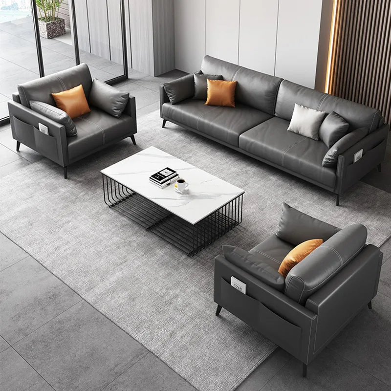 FanRui Modern Luxury Office Sofa Office Sofa Coffee Table Combination Business Reception Leather Sofa Set Office Furniture