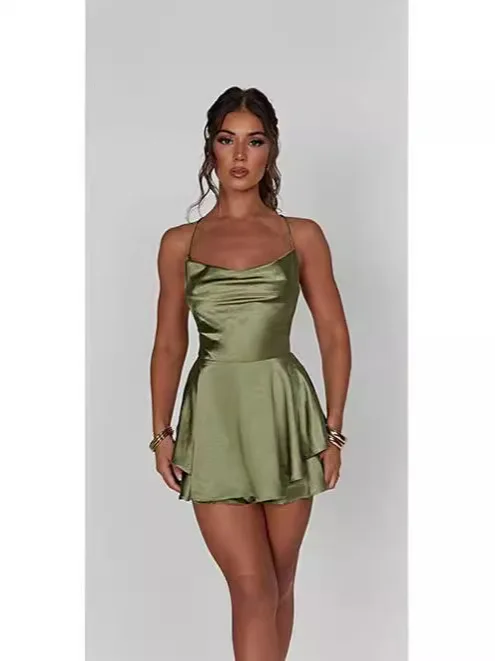 2024 summer new European and American sexy slimming backless solid color halter dress culottes