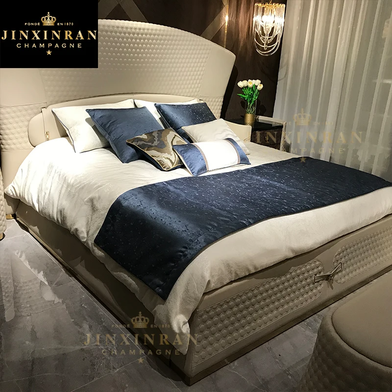  modern luxury bedroom furniture double bed set king size solid wood genuine leather