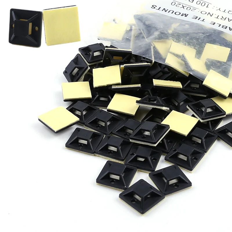 20*20mm Black PE PA66 Nylon 100PCS 3/4in Self Adhesive Backed Nylon Cable Zip Wire Cable Clip Tie Mounts