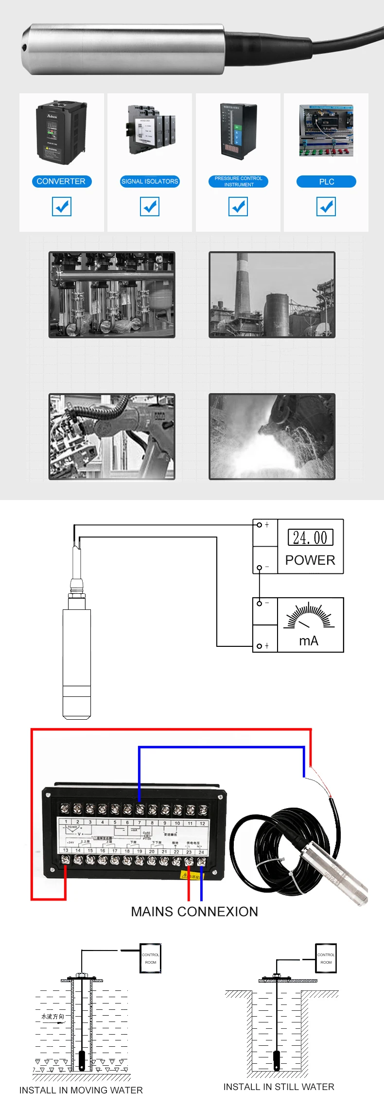 High quality 4-20mA hydrostatic Water Tank Submersible Liquid Water Level Sensor Transmitter