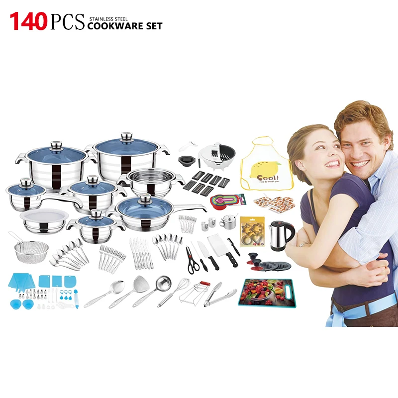 Factory Hot Selling High quality Soup Pot And Pans 140Pcs Stainless Steel Cookware Set With Glass Lid And kitchen Utensils