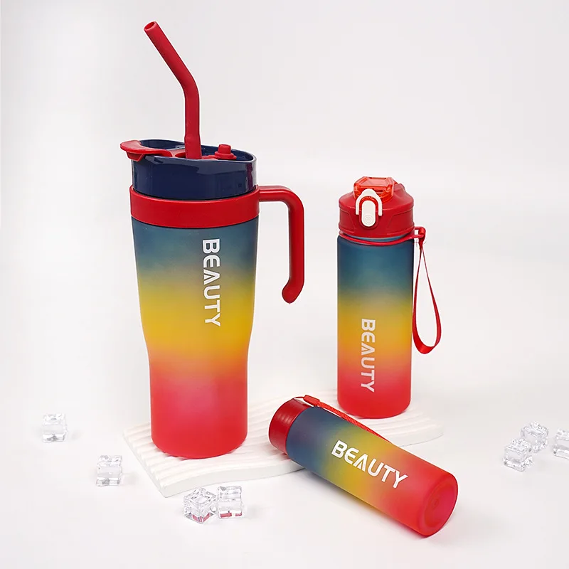 3 in 1 Gradient color frosted straw dual-drinking plastic large-capacity car-mounted 3pcs handle cooler cup water bottle