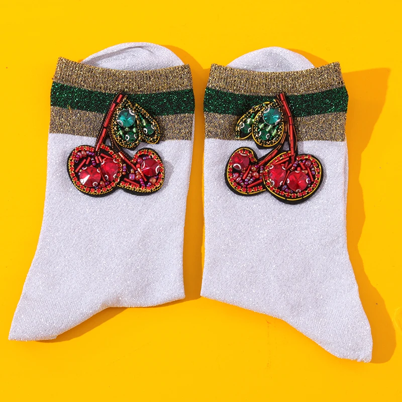 
Designed bright silk stripes fluffy women socks Handmade beaded cherry ankle socks lady 