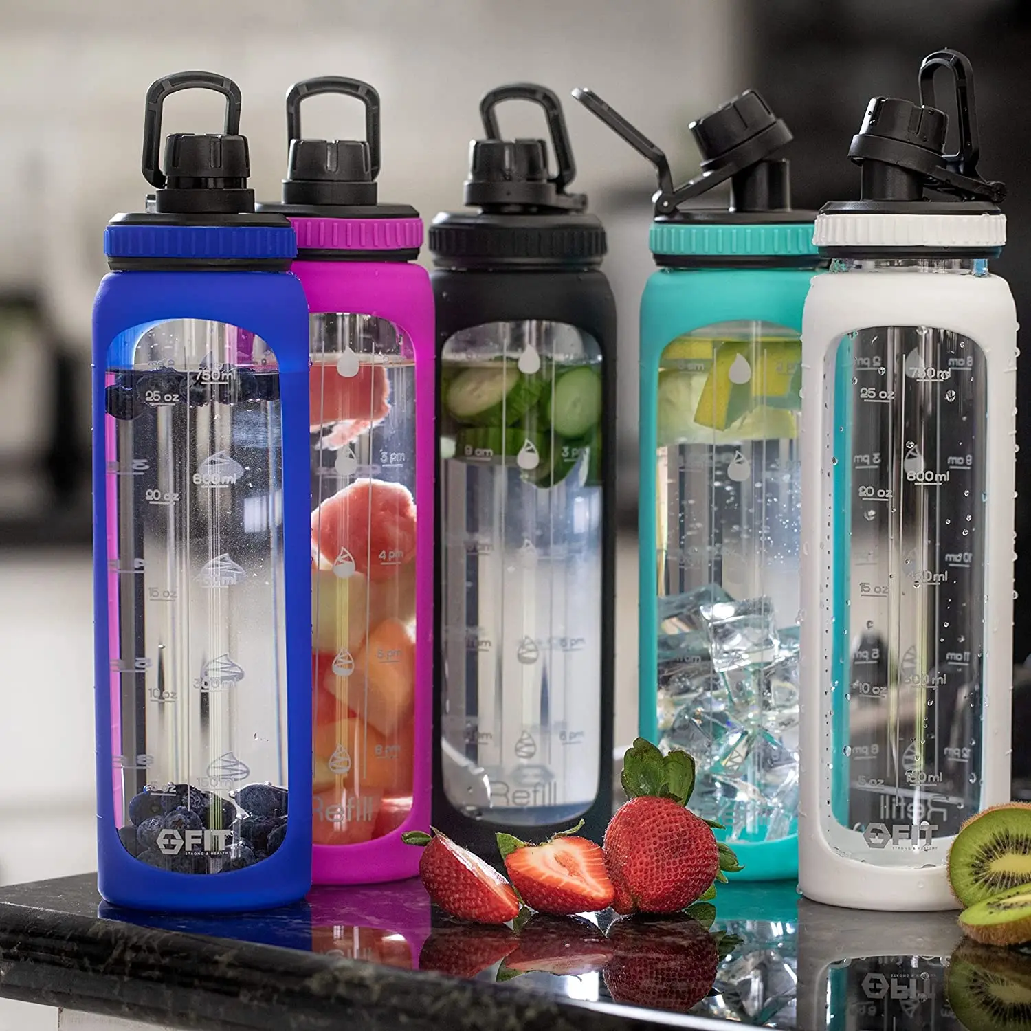 32 oz BPA Free Wide Mouth Leakproof 1 Liter Motivational Glass Water Bottle with Time Marker and Black Silicone Sleeve