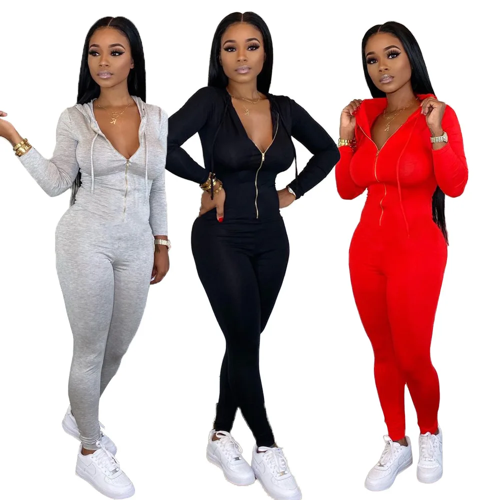 202002046285-New Arrive Spring Women Bodysuit Playsuits Casual Fashion Zipper Hoodie Long Sleeve Jumpsuit For Women