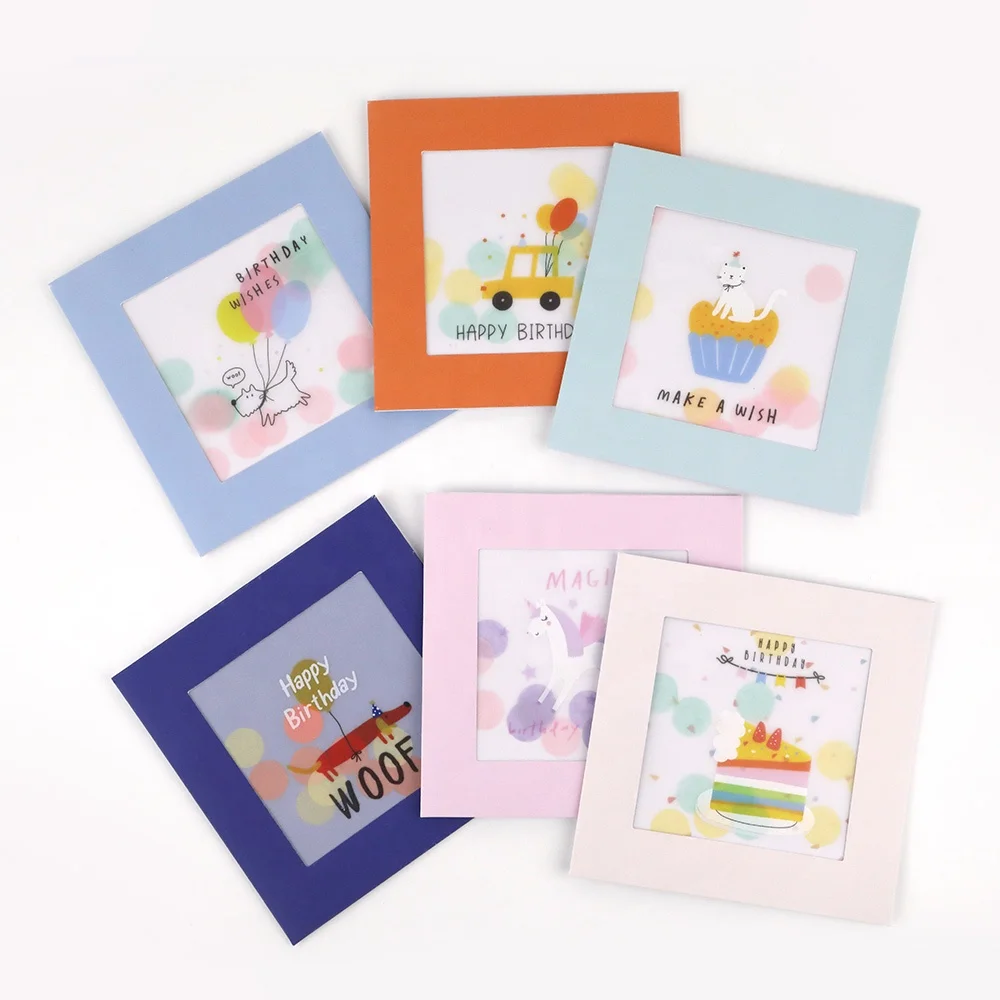 Manufacturer Custom Printing Square Purple Funny Unicorn Girls Blank Handmade Kids Happy Birthday Greeting Cards with Envelope