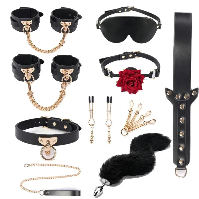 Free Custom Box - Luxury 10pcs Bed Bondage Set Genuine Leather BDSM Kits Restraint Handcuffs Collar Erotic Adult Sex Games