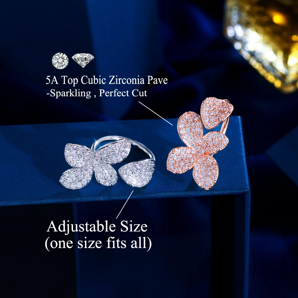 Adjustable Fashion Rose Gold Color Cubic Zirconia Flower Leaf Open Cuff Rings Women Korean Luxury Engagement Party Gift Jewelry