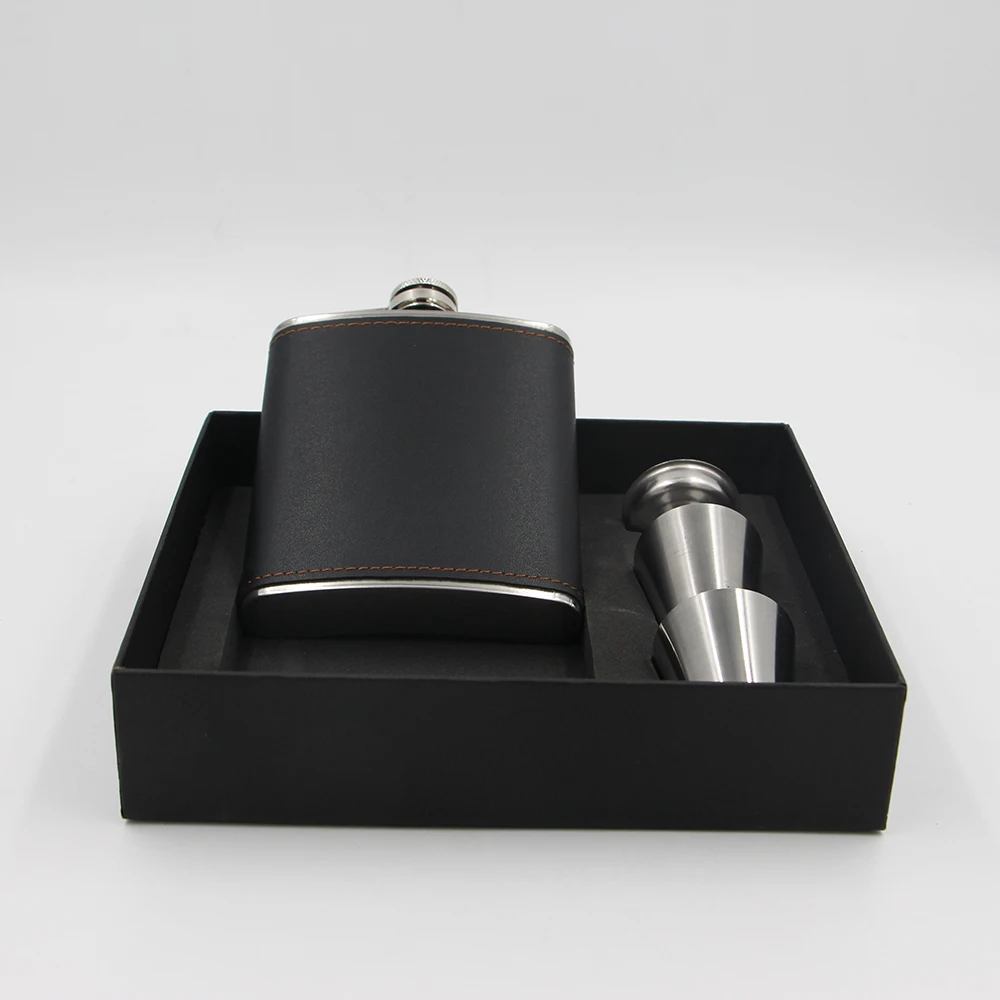 7oz Stainless Steel Whiskey Hip Flask with black leather cover Bonus 2 stainless steel shot cup and 1 funnel Gift Set