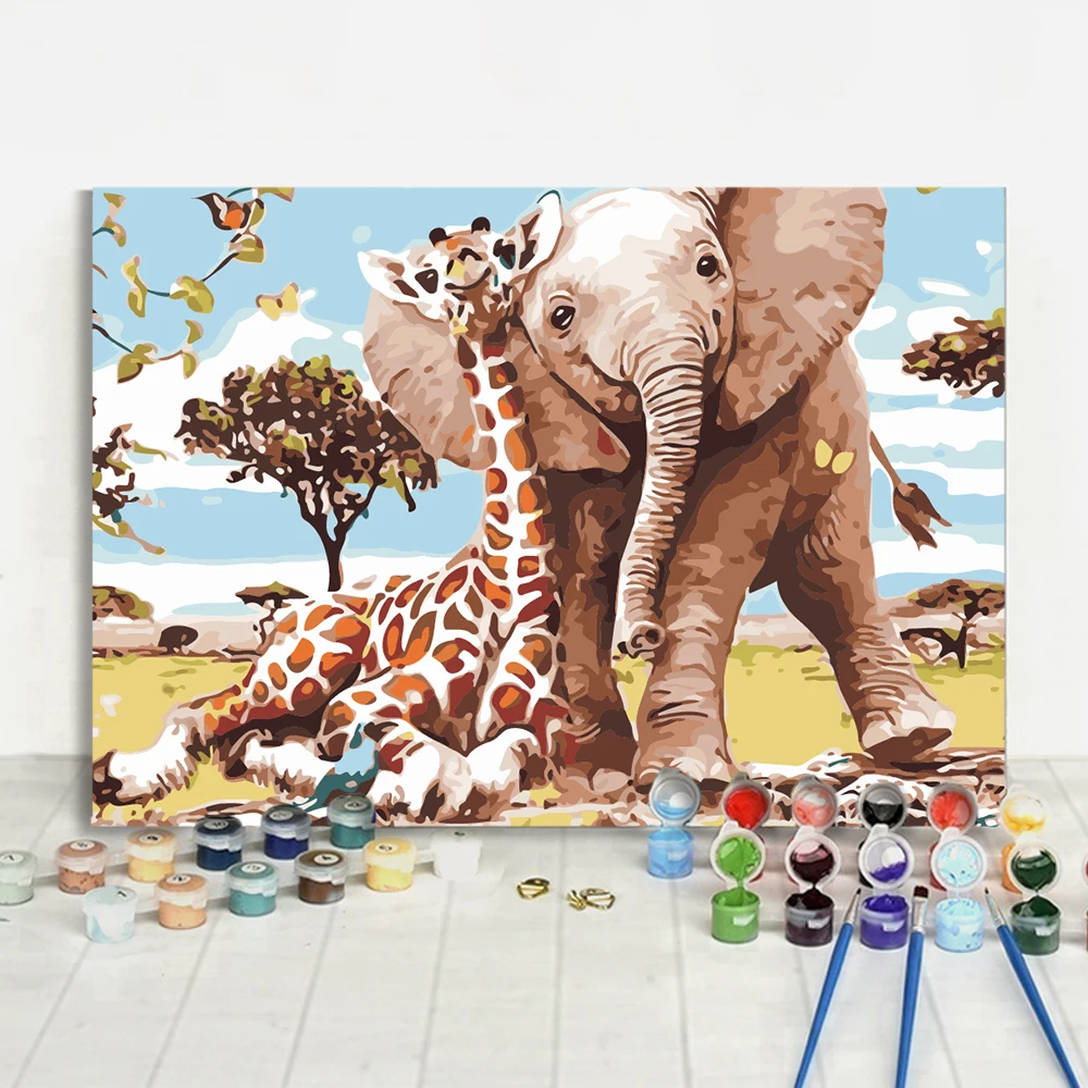 
Harmonious nature elephants giraffes friendly play together painting by number 