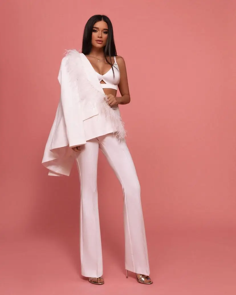 Customize Feather White Elegant Lady Office Wear Suit Casual Plus Size Women Long Sleeve Coat Pant