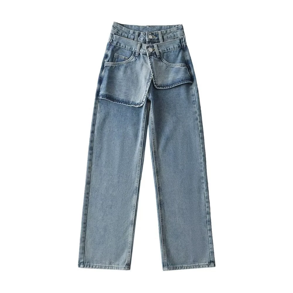 Y2K Double Pocket Layered High Waist Pantalons street wear straight leg womans washed denim jeans