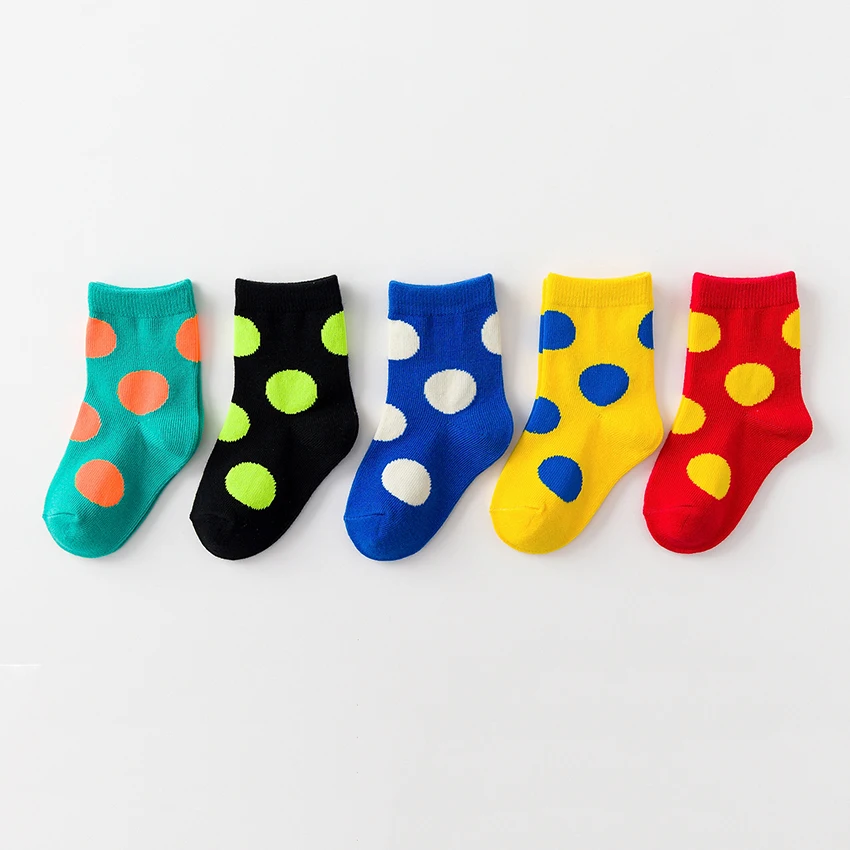 5 Pairs Assort Knitted Colorful Dots Happy Kids Baby Crew Socks Set Casual Cotton Vivid Children Socks
