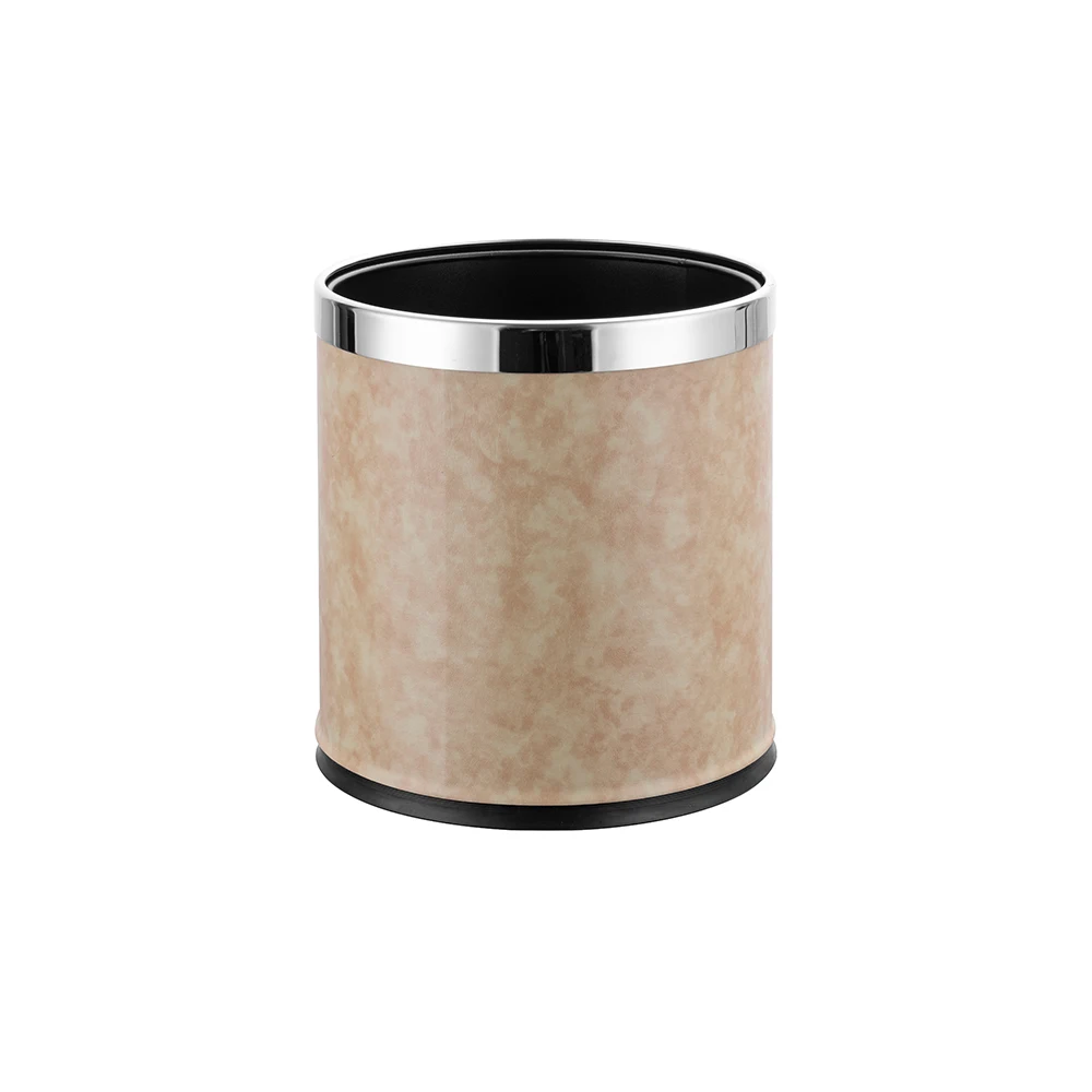 Elegant Double-Layer round Leather and Stainless Steel Guest Room Waste Bin for Hotels and Restaurants