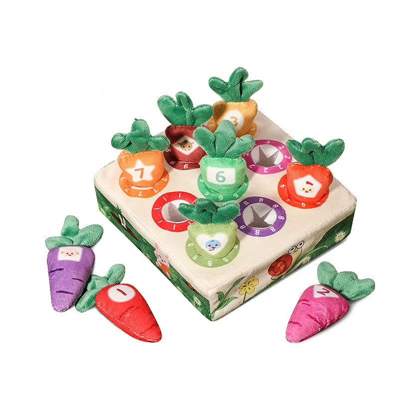 New design custom baby fashion cloth 9-hole radish plush toy kids number cognitive color matching game carrot pulling toys