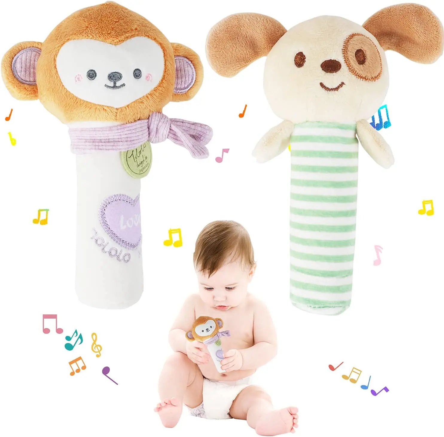 Custom educational plush hand rattles hand grip toys stuffed animal rattles shaker for 3 6 9 12 months infants newborn