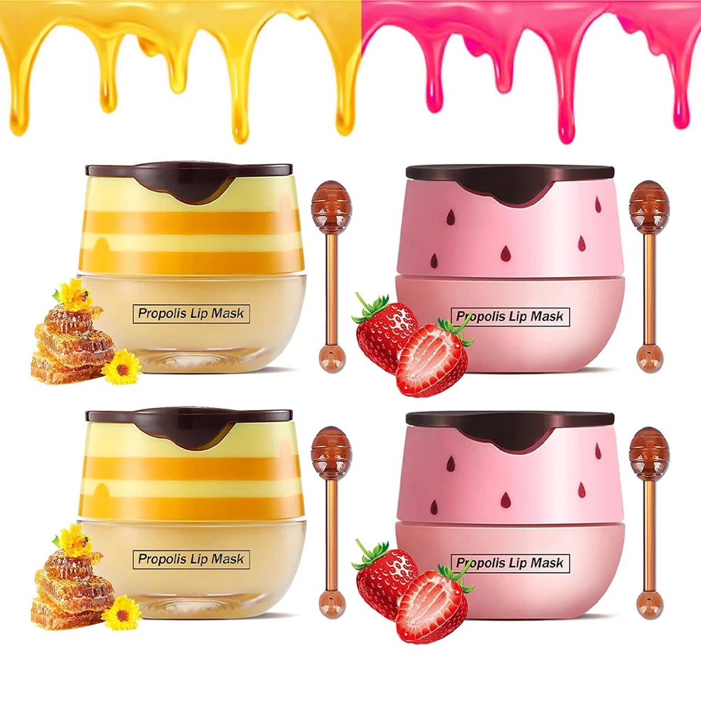 Private Label Custom Propolis Lip Mask Bee Butter Balm Organic Hydrating Nourihsing Strawberry Honey Pot Lip Balm