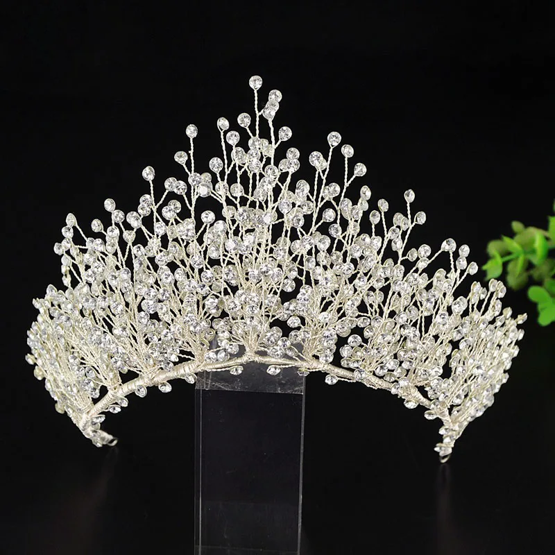 Свадебная тиара ручной работы SLBRIDAL со сверкающими большими стразами, свадебные украшения для принцессы, королевы, короны, Женские Ювелирные изделия для подружек невесты