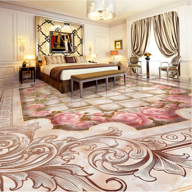 Printing 3d Floor Stickers Marble Pattern Wallpaper For Bedroom Walls Mosaic Romantic Pink Rose Floor Sticker Waterproof