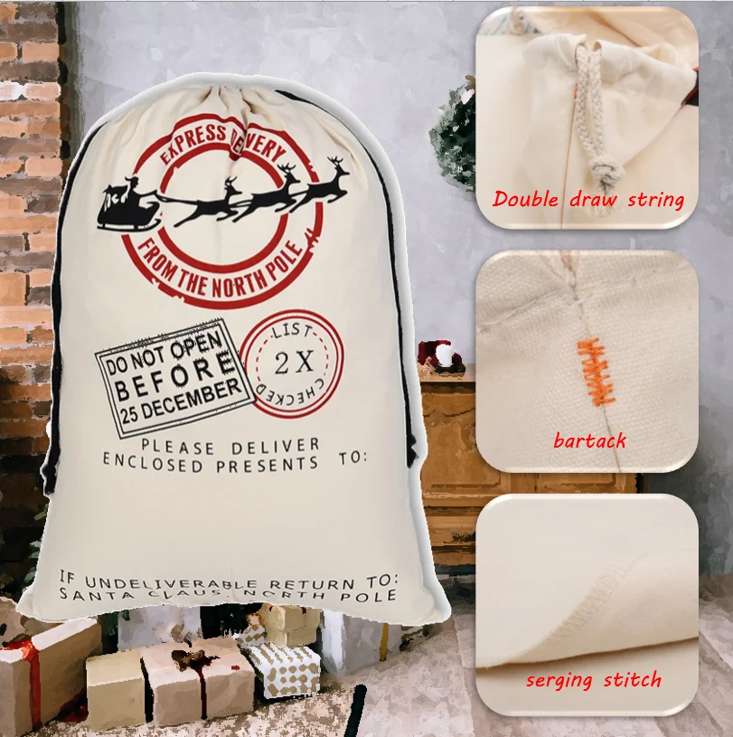 High King Good Selling Christmas Gift Bag Canvas Fabric Xmax Eve Drawstring Santa Sack Santa Bag