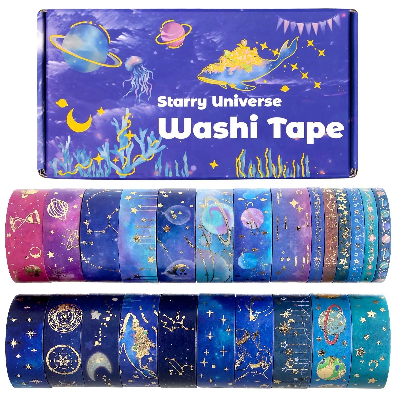 Washi Tape Set - Gold Foil Galaxy Decorative Masking Tape Constellation, Stars, Celestial, Adhesive Tape