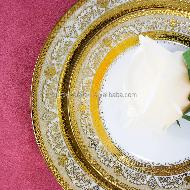 Elegant India Arabic Dubai Market Fine Porcelain New Bone Gold Dinner Set Dinnerware 86 pcs Gold Dinner Sets For 12 Persons