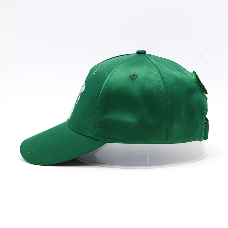 6 panel green satin baseball cap hat with rain stone logo