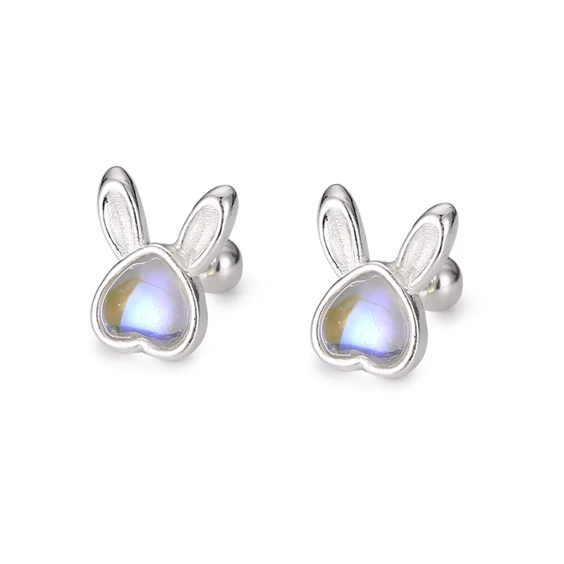 rabbit Moonstone screw ear rings Sterling Silver 925 Cute Minnie Finest Austrian Crystals Stud Earrings For Kid Little Girls