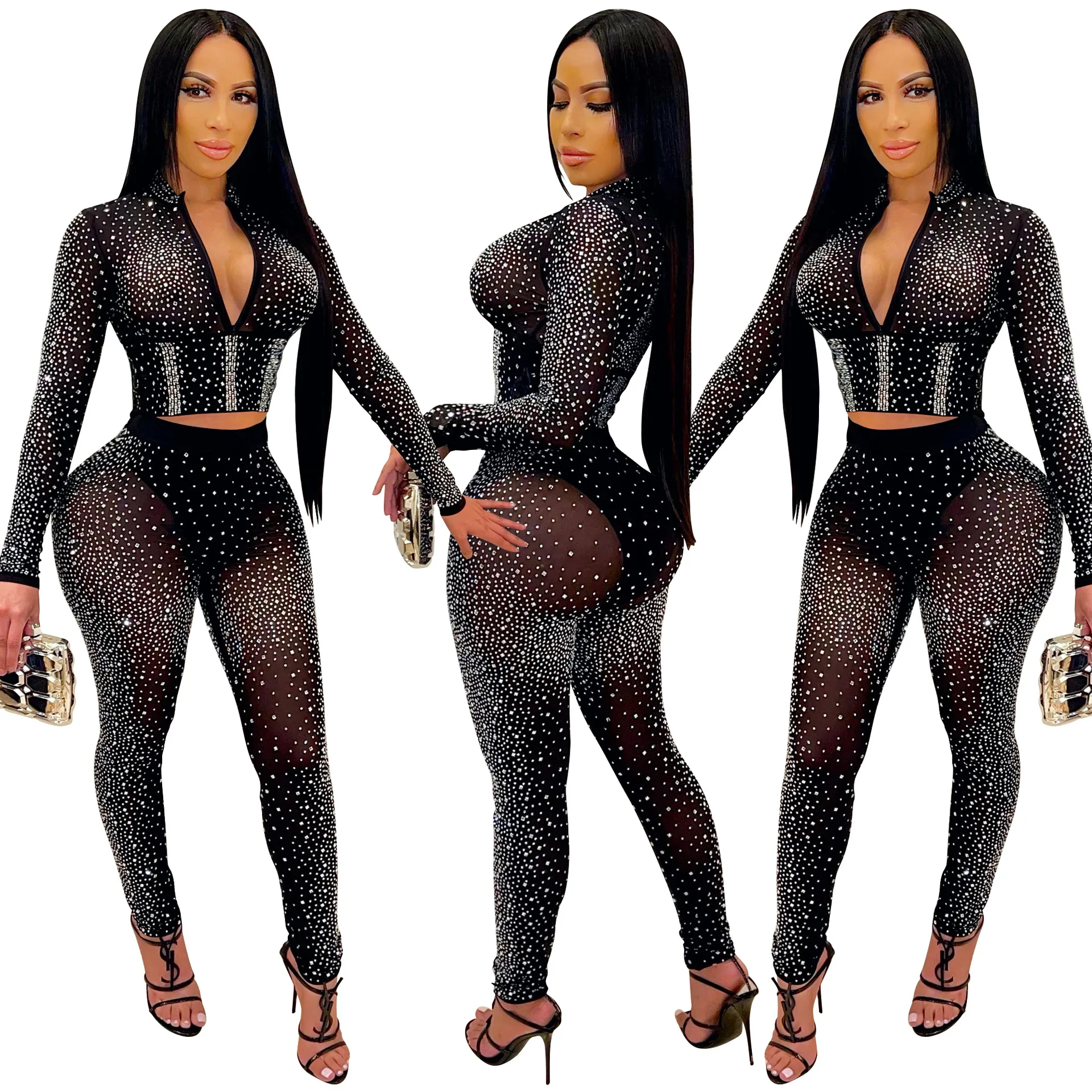 J9813 See through club sexy long sleeve sequined diamond mesh pants set women black v neck two piece pants set