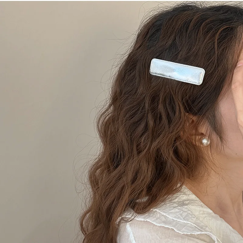 Y2k Sweet Cool Silver PU Leather Heart Star Hair Clips 2Pcs/set Korean Side Clips Bangs Clips