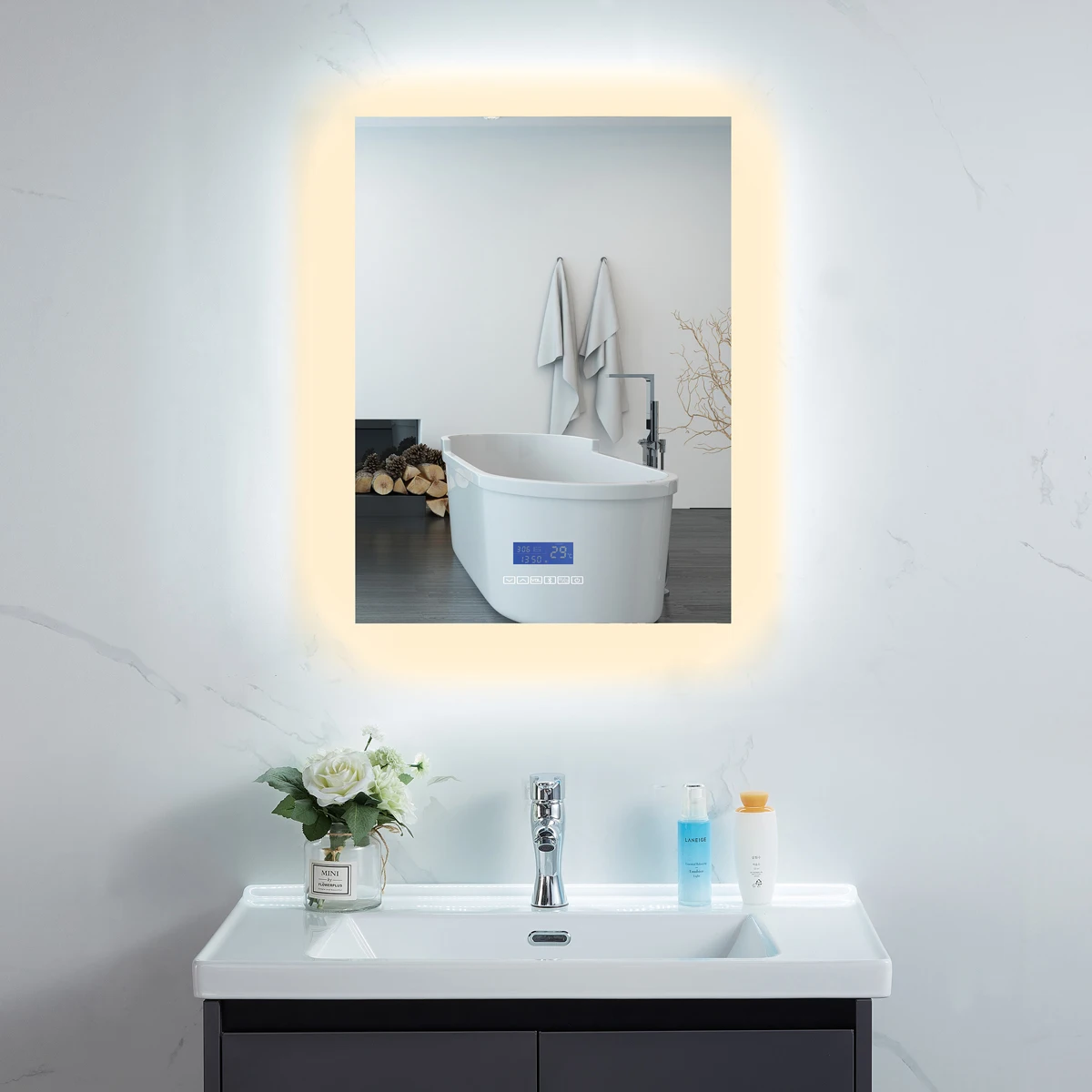 
Hotel Fashion Time Display Smart Bathroom Vanity Mirror With Led bathroom mirror with Defogging speaker 