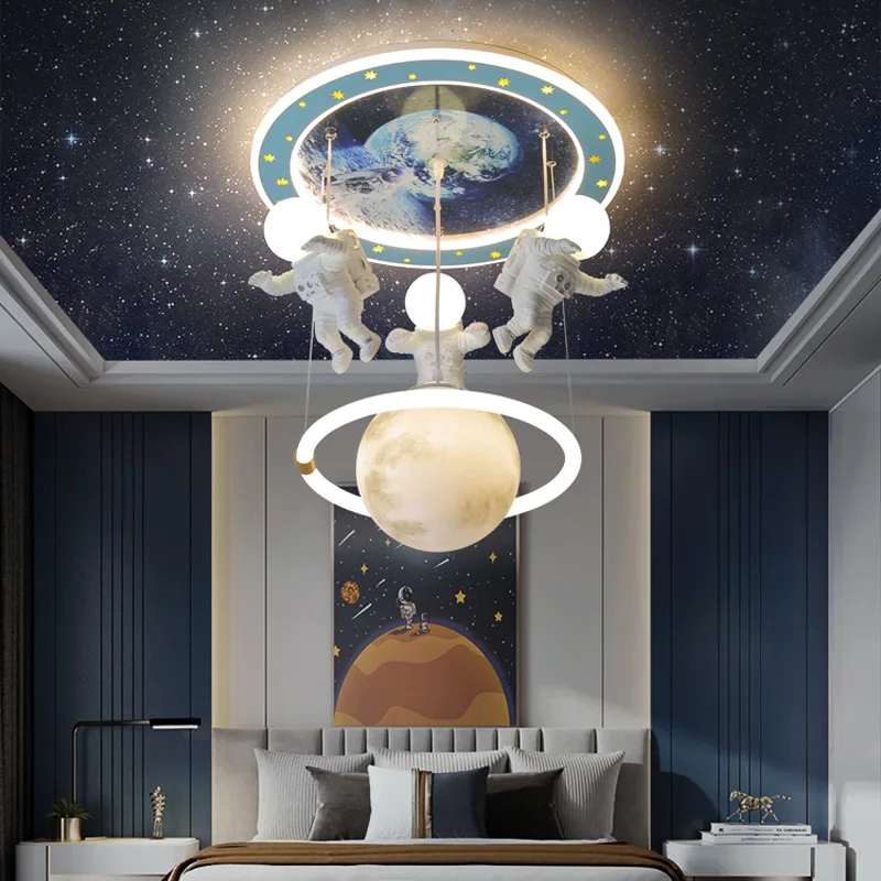 Travelcool New Creative Boys Children Star Planet Cartoon Moon Spaceman Kids Bedroom Chandelier Ceiling Light For Kids