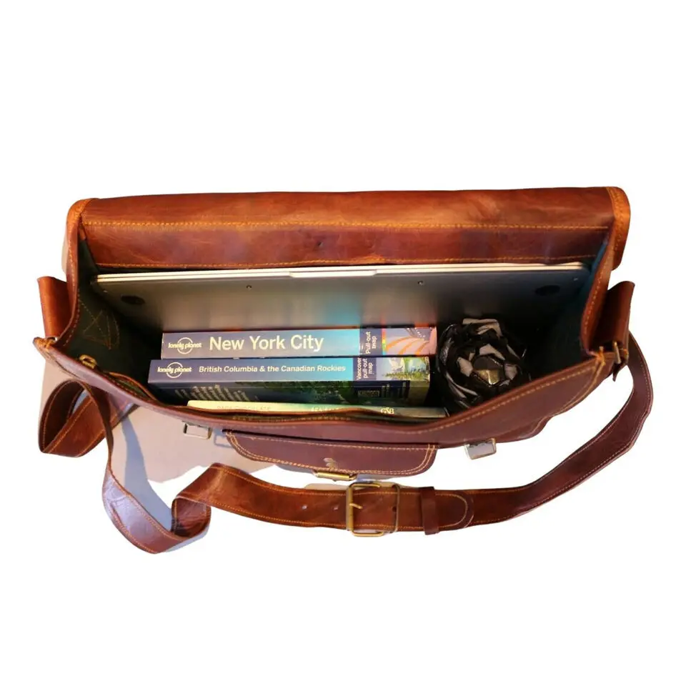 Hot Selling High Quality Luxurious Mens Genuine Vintage 42 CM Leather Messenger Shoulder Laptop Bag For Export Selling