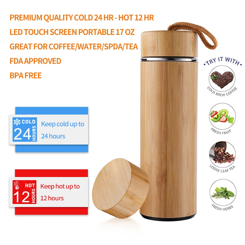 Custom Reusable Water Bottles Bamboo Sustainable Water Bottle Bamboo Thermos Bottle