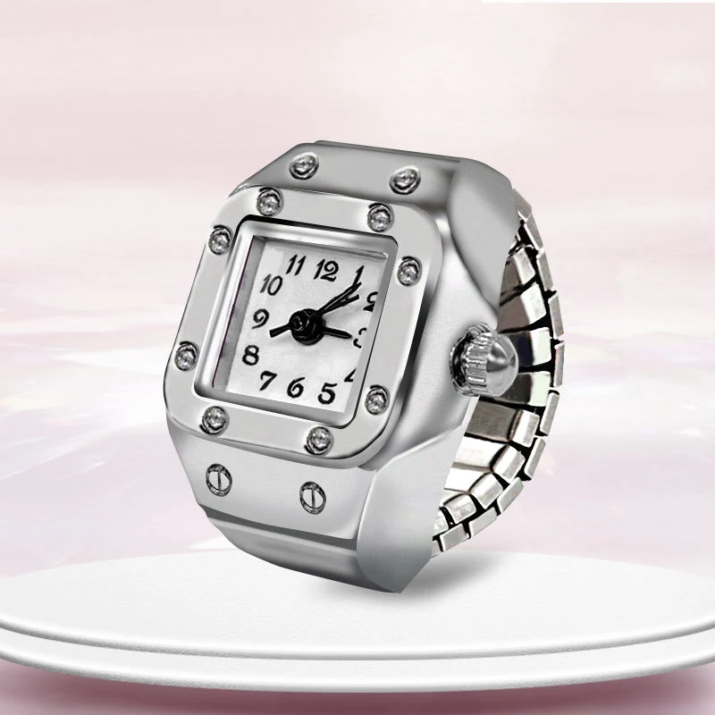 R.Gem. Vintage Adjustable Elastic Men Women Girl Mini Finger Ring Watch with Square Dial