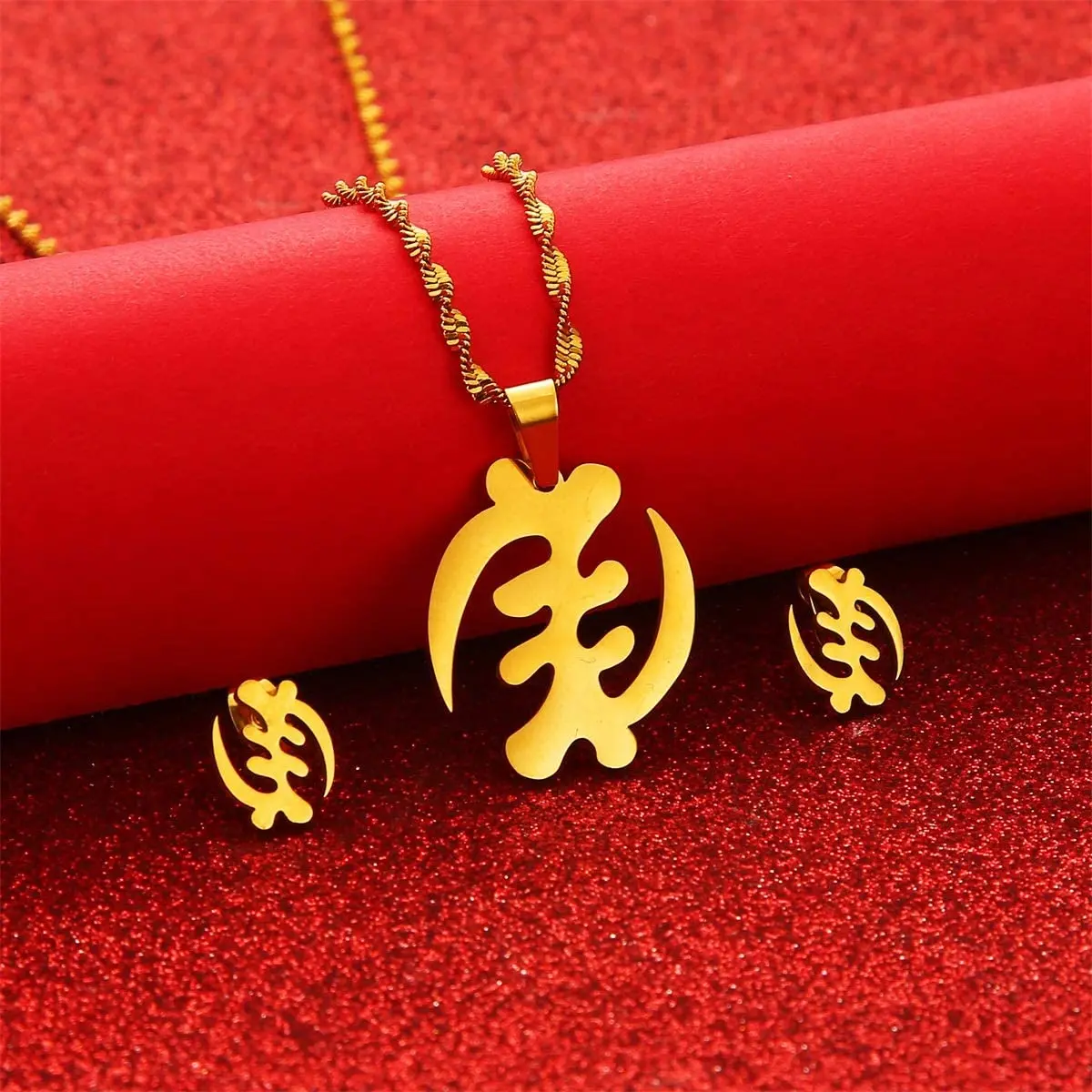 Изготовленный На Заказ adinkra символа в африканском стиле подвеска на шею из нержавеющей стали 18K позолоченные серьги ожерелье комплект ювелирных изделий для женщин и девочек