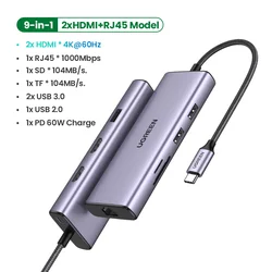 USB-концентратор UGREEN 4K 60 Гц USB C на 2x HDMI 2 0 RJ45 3 PD адаптер для Macbook iPad Pro Air M1 аксессуары ПК