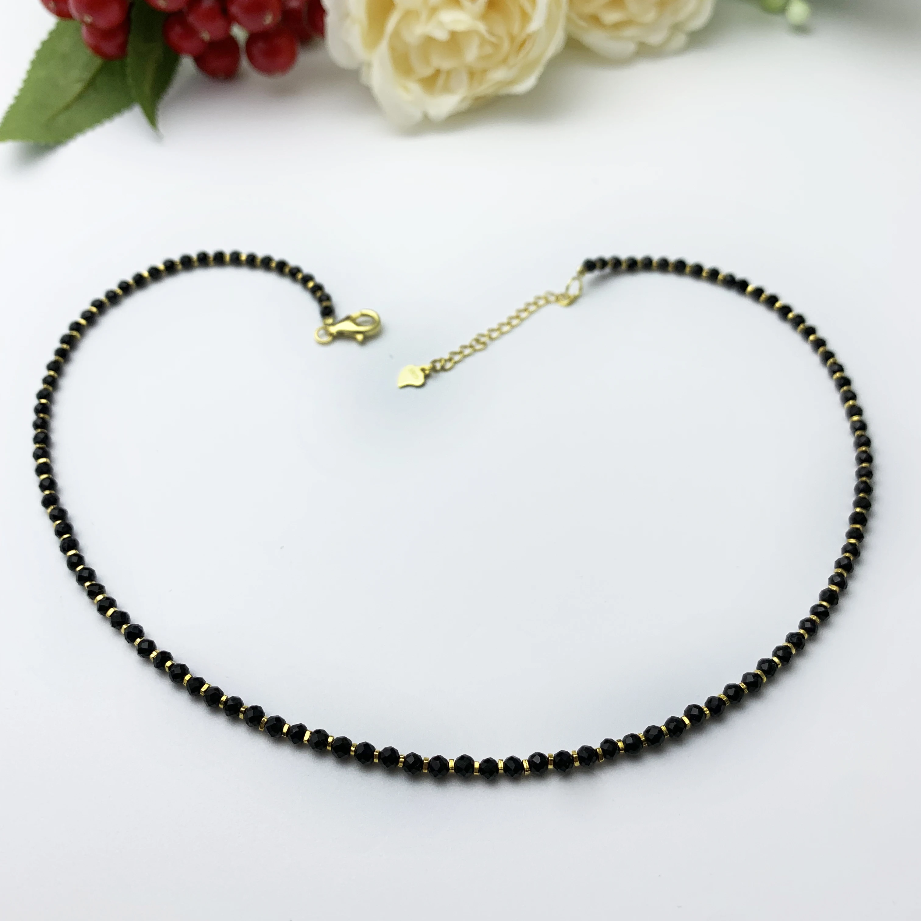 Gemstone jewelry black spinel faceted beads gold plated 925 sterling silver crystal beaded necklace