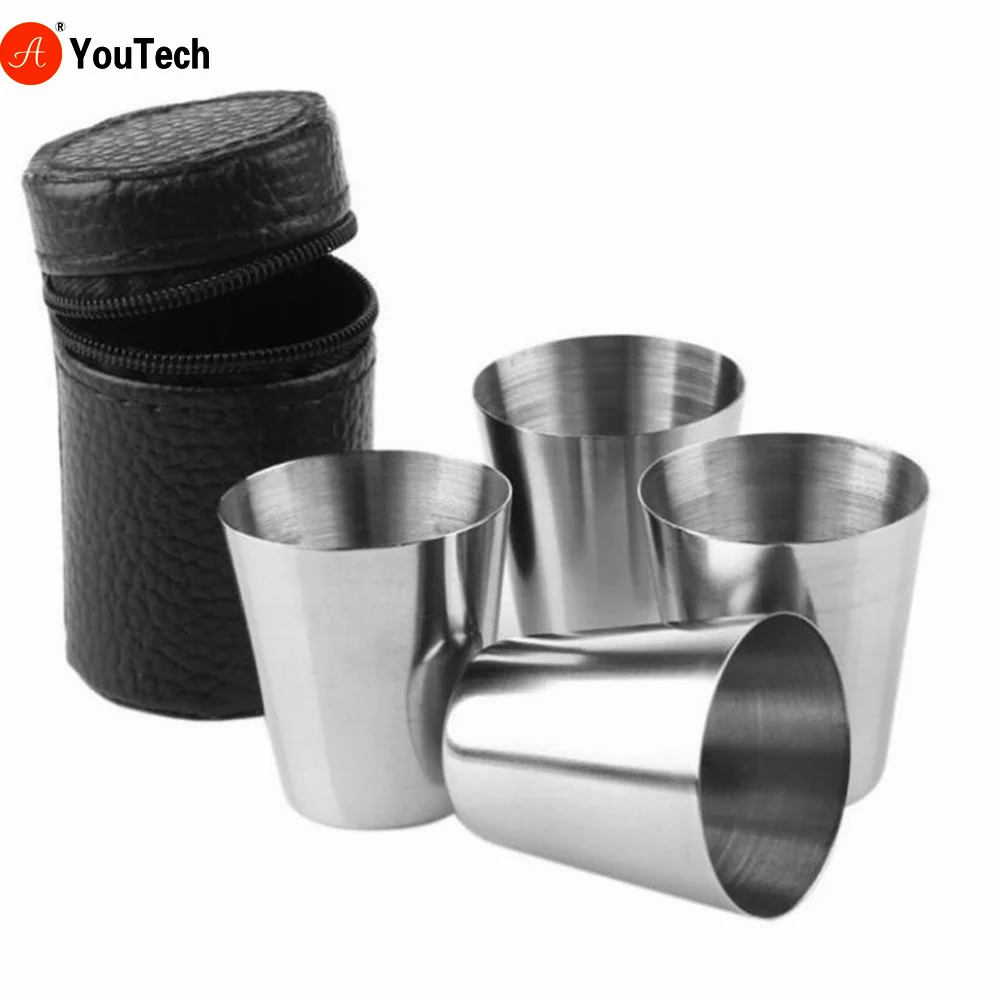 4 Pcs / Set Polished 30 Ml Mini Stainless Steel Shot Glass Cup Drinking Wine Glasses With Leather Cover Bag For Home Kitchen Bar