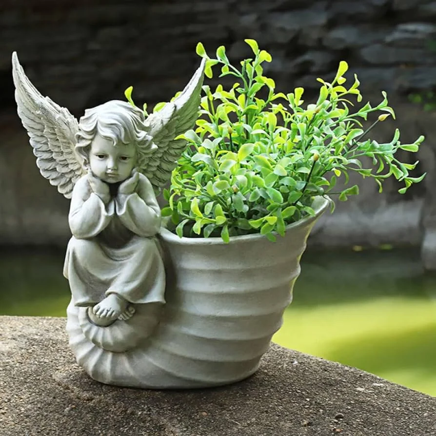 Modern Ornamental Decorative Old Effect Granite Marble Stone Boy Angel Flower Pot Vases For Garden
