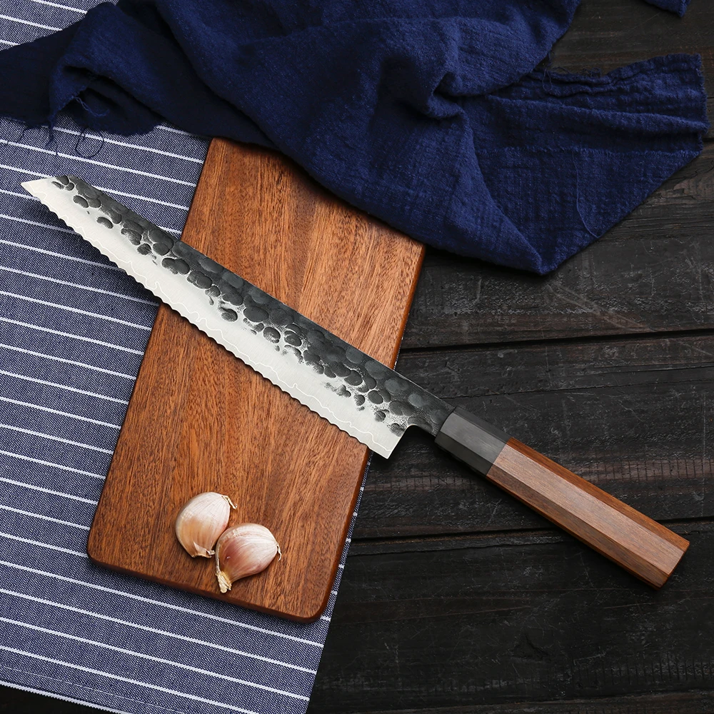 3 Layers steel 9Cr18mov clade steel 9.5inch bread knife sells top grade military grade ebony handle bread cake knife