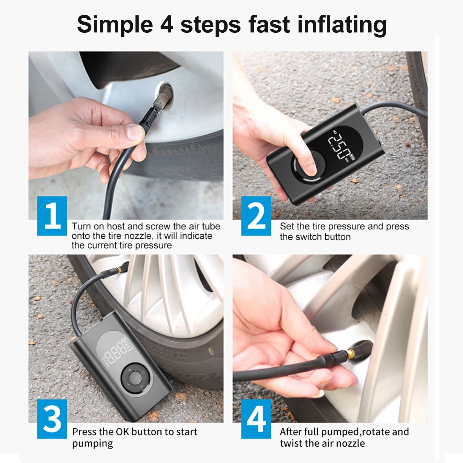 Original Factory Car inflator AP04 model 2*2000Mah 150PSI Type-C charging portable electric air pump for car motorcycle tires