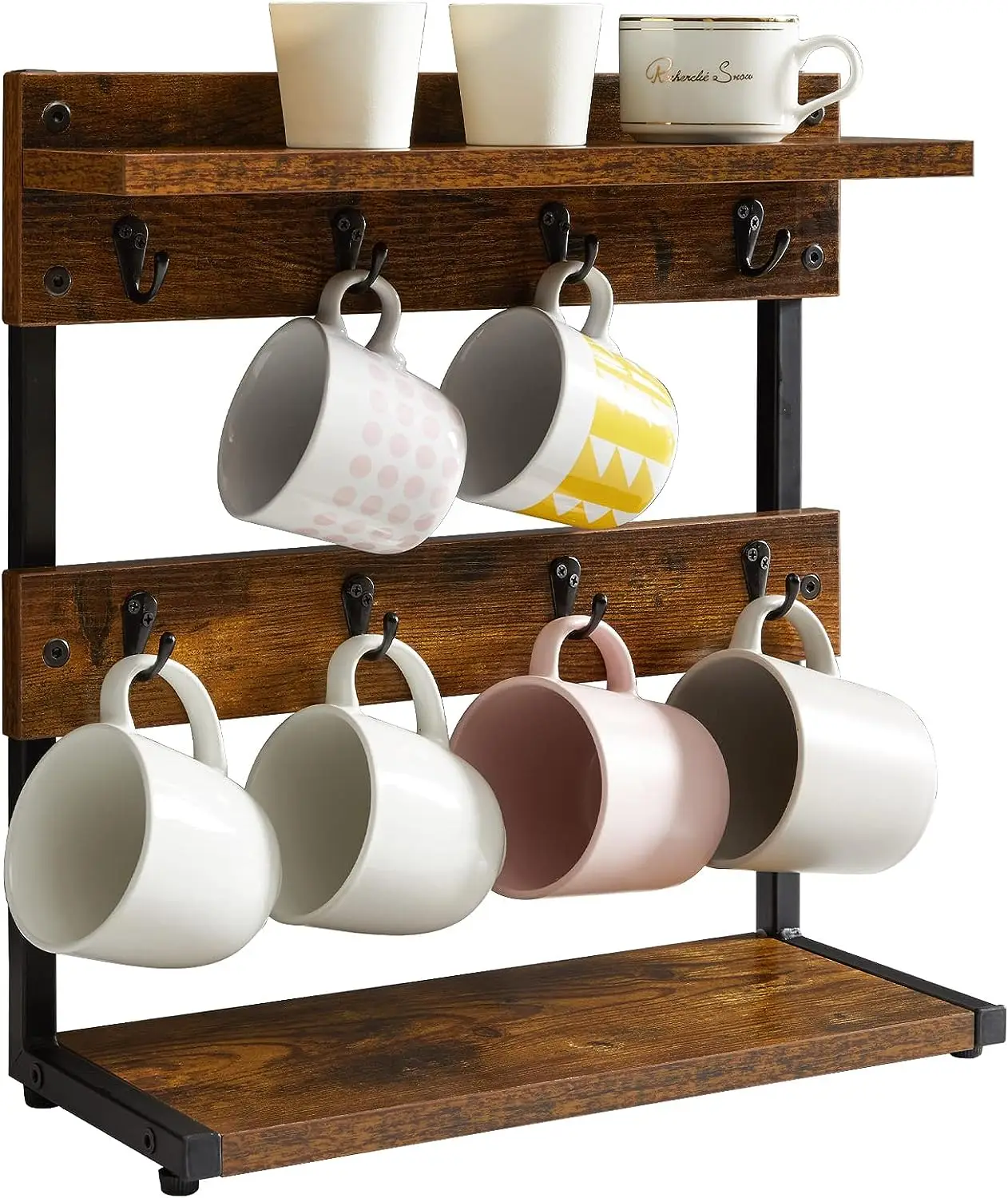 Rustic Coffee Mug Holder Stand, 2 Tier Countertop Mug Tree Holder Rack with Storage Base, Vintage Mug Holders for Kitchen