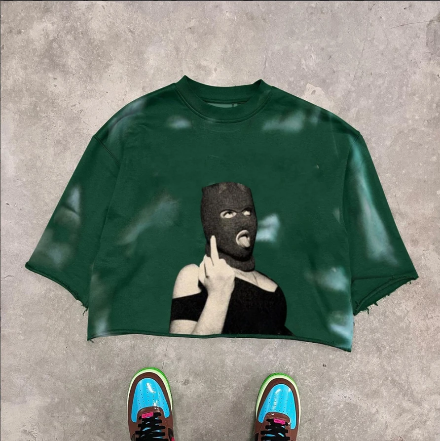 OEM brand Cropped Vintage Washed Distressed custom Graphic T-Shirt Drop Shoulder Round Neck boxy cropped t shirt