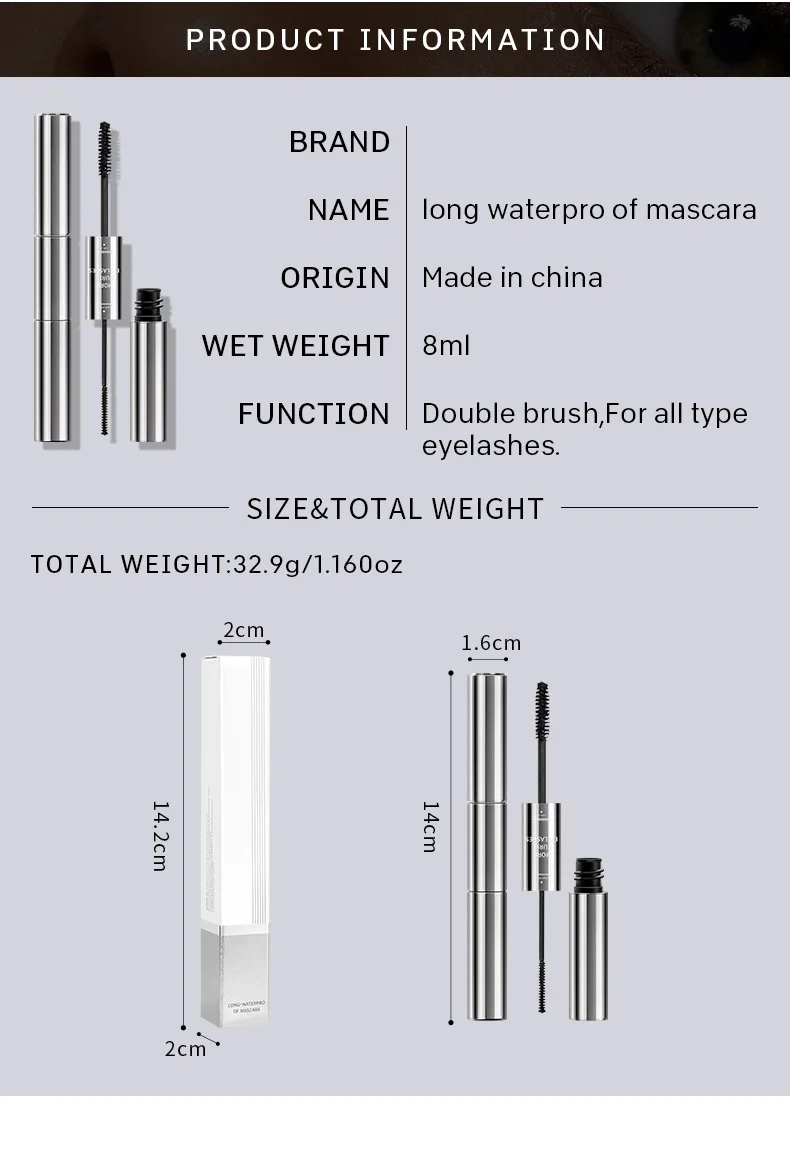 OEM Private Label Long Lasting Waterproof Lengthening thickening Curling No-caking No Clump 2 in 1 Mascara