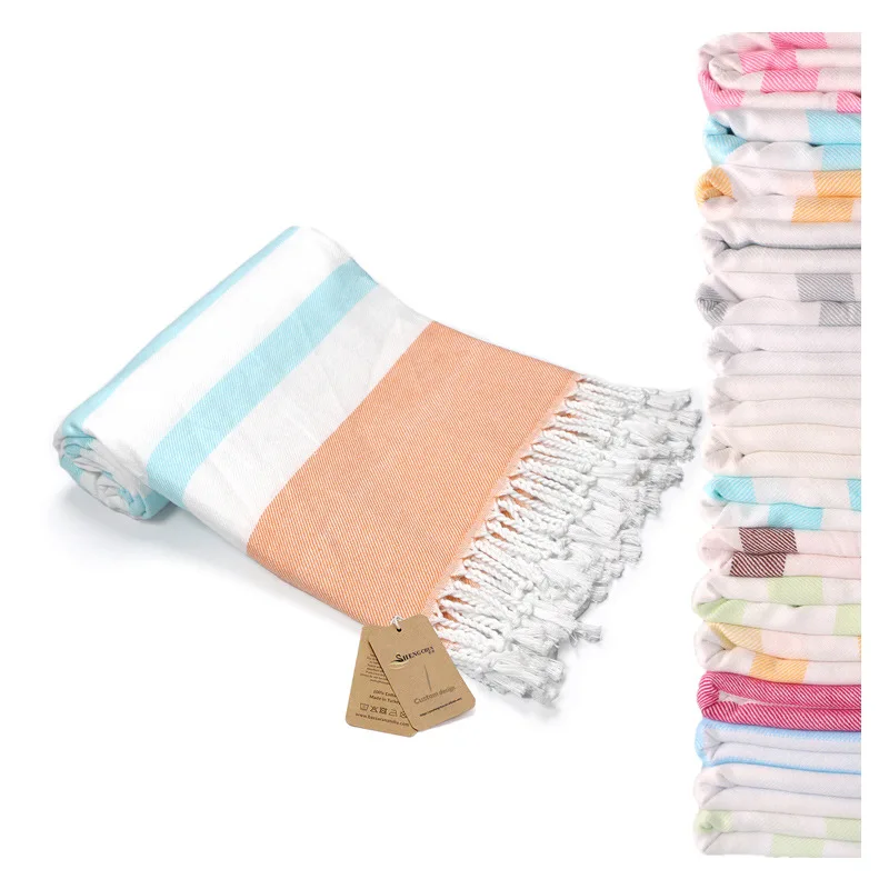 Wholesale Hot Sale Sand Proof 100% Cotton Beach Towel  Soft Custom Hammam Fouta Stripe Turkish Beach Towel