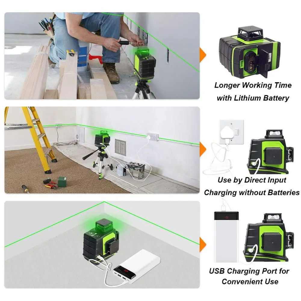 Pro Huepar OSRAM Rechargeable GF360G,Multi line Outdoor Pulse Mode,Green Beam 3D 12 Cross Line Rotary Land Nivel Laser Level