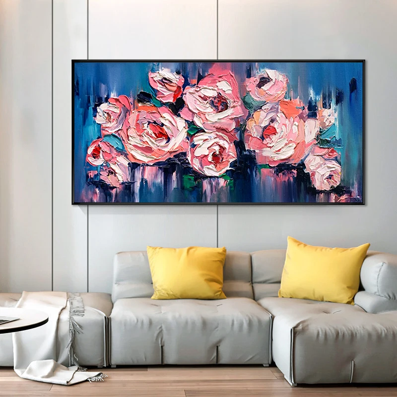 Handmade Palette Knife Rose Designs Textured Abstract Canvas Flower Oil Painting